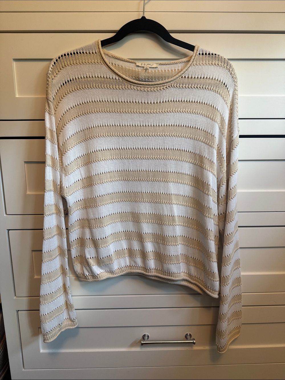 Z Supply Cream and Tan Striped Open-Knit Crew Sweater